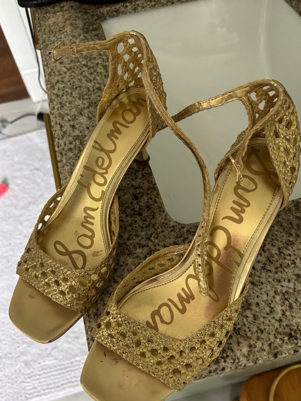 Sam Edelman Metallic Gold Woven Ankle-Strap Heels